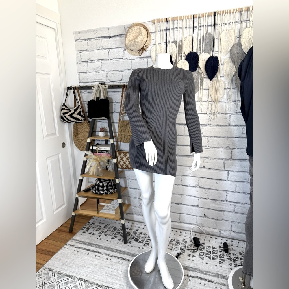 Gray Long Sleeve Ribbed Slim Sweater Dress